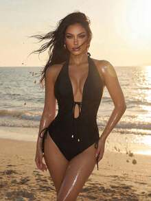 1 Piece Women's Summer Beach Set Bodysuit Style Red - 黑色 - 查看 1
