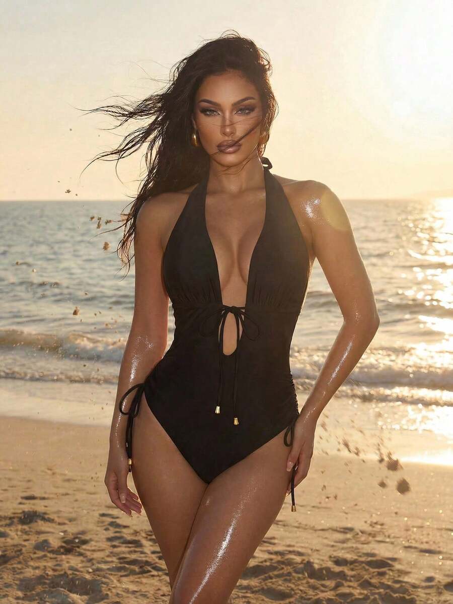1 Piece Women's Summer Beach Set Bodysuit Style Red - 黑色 - 查看 1
