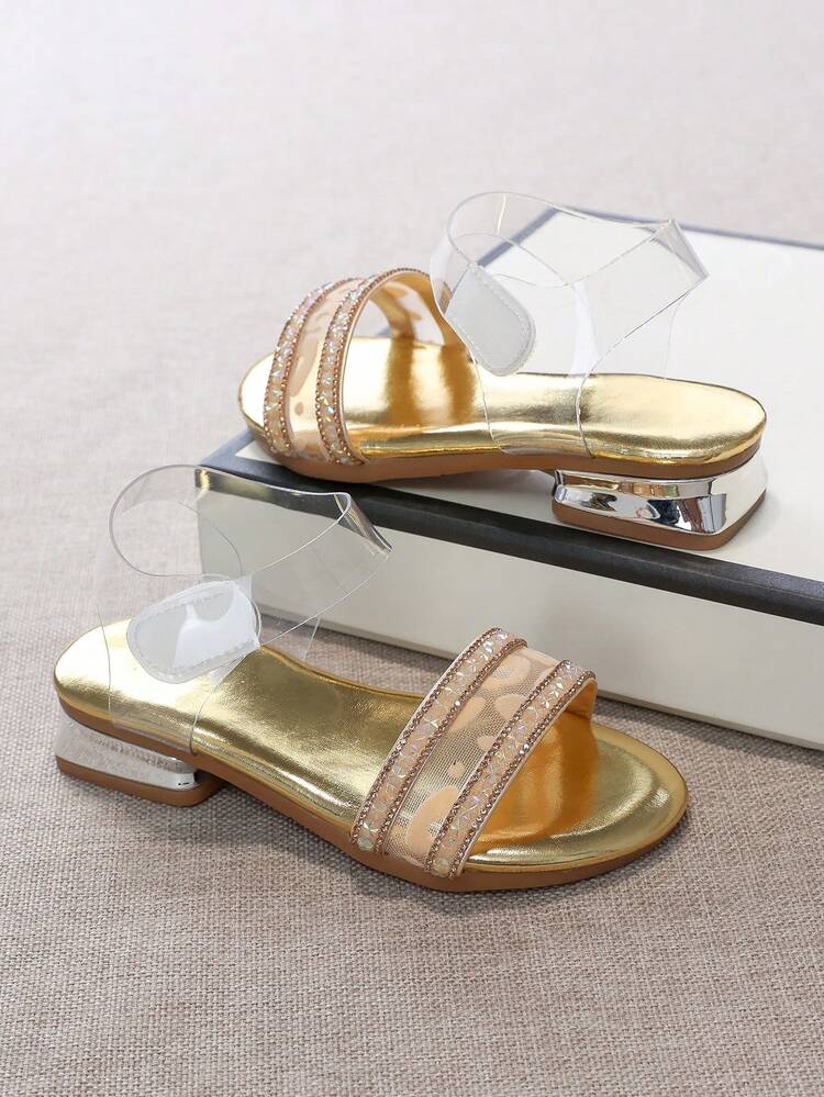 1 Pair Girls Mesh Rhinestone Double Strap Gold PU & Clear PVC Open Toe Magic Tape Ankle Strap Low Block Heel Luxe Fairy Sandals Summer Daily - Champagne - View 3