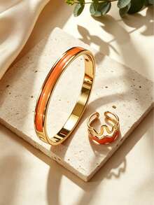 VceTd 2PCS Women's Sweet Style Multi-Color Enamel Craft Open Design Stainless Steel Fashion Bracelet Set, Suitable For Women's Daily Wear Or Date, Perfect Valentine's Day Gift For Loved Ones - Yellow Gold - View 8