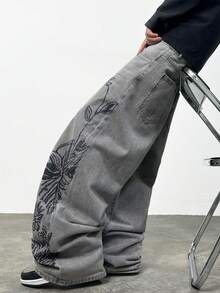 Justice Brother 1pc American Streetwear Personalized Embroidered Men's Denim Jeans Casual All-Season Loose Wide Leg Long Pants (Belt/Accessories Not Included) - Grey - View 6