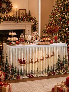 1 st krämvit julbordsskirt, rektangulär plisserad bordsduksskjul i polyester med tryck av jultomtens släde, ren, tallskog och snöflingor, buffé- och dessertbordsduk för julfest, högtidsmiddag, vinterbröllop, kök och heminredning - Multifärgad - Visa 8