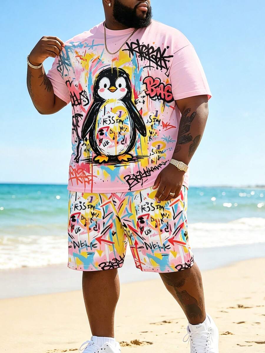 "Graffiti Cute Penguin Print" Pattern Sports Set - Polyester Knit Fabric, Plus Size Men's Street Casual Minimalist Series Crew Neck Design, Drawstring Shorts, Pocket Details, Regular Fit, Suitable For Plus Size Body - Pink - View 1