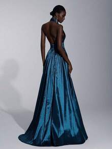 Elitara Elegante, romántico, minimalista, de moda, digno, verde oliva, tela de punto, cuello halter, espalda abierta, falda extra grande, con cola, d - Café integral - Ver 3