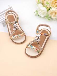 1 Pair Girls' Colorful Woven Open Toe Sandals With Elastic Back Strap Flat Design Suitable For Vacation And Other Occasions - Beige - View 6
