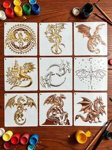 16PCS Hollow Dragon Pattern Stencils DIY For Wood, Ceramic, Fabric, Scrapbook, Gift Box Decoration, Reusable Spray Painting Printing Tool - Alien Dragon - View 9