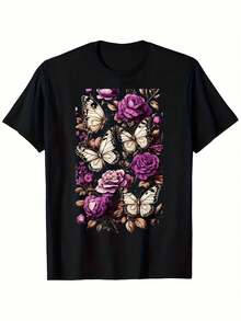 Vibrant Monarch Butterfly Print, Lightweight And Breathable, Short Sleeve, Round Neck, Casual T-Shirt For Everyday Wear, Outdoor Sports, Spring/Summer/Autumn, Sizes XL - 5XL - 黑色 21 - 查看 1