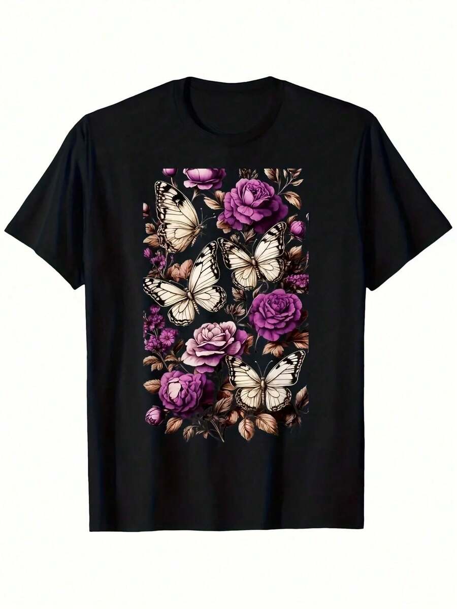 Vibrant Monarch Butterfly Print, Lightweight And Breathable, Short Sleeve, Round Neck, Casual T-Shirt For Everyday Wear, Outdoor Sports, Spring/Summer/Autumn, Sizes XL - 5XL - 黑色 21 - 查看 1
