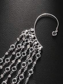 1 pieza Gancho de oreja de moda exagerado largo multicapa con borla de strass personalizado, creativo y versátil - Plateado - Ver 4
