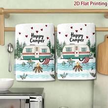 2 Packs Camping RV Car Print Kitchen Towels, Soft Microfiber Dish Tea Towels, Outdoor Travel Decor Cleaning Cloths, Cabin Cooking Gift - Red and White - View 10
