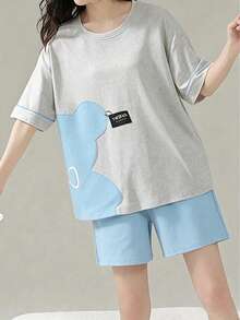 Cute Bear And Color Block Print Pajama Set, Casual Short Sleeve Crew Neck T-Shirt And Pocket Shorts, Women's Sleepwear Loungewear 2-Piece Set - Multicolor - View 3