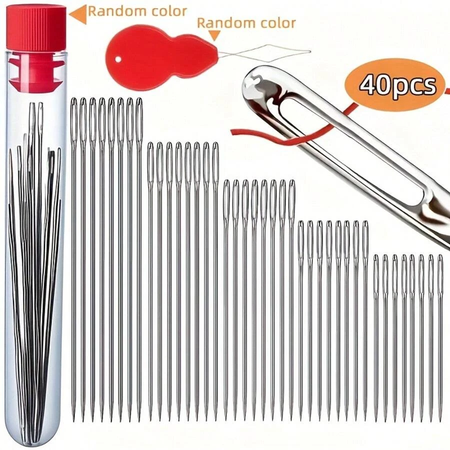 40pcs Stainless Steel Large Eye Sewing Needles, Handmade Leather Sewing Needles, Multiple Sizes, Extra Large Hole Needles Suitable For Elderly People To Sew Quilts, Cross Stitch Needles, Embroidery Sewing, With Needle Box, Handmade Sewing Tool Set - Multicolor - View 1
