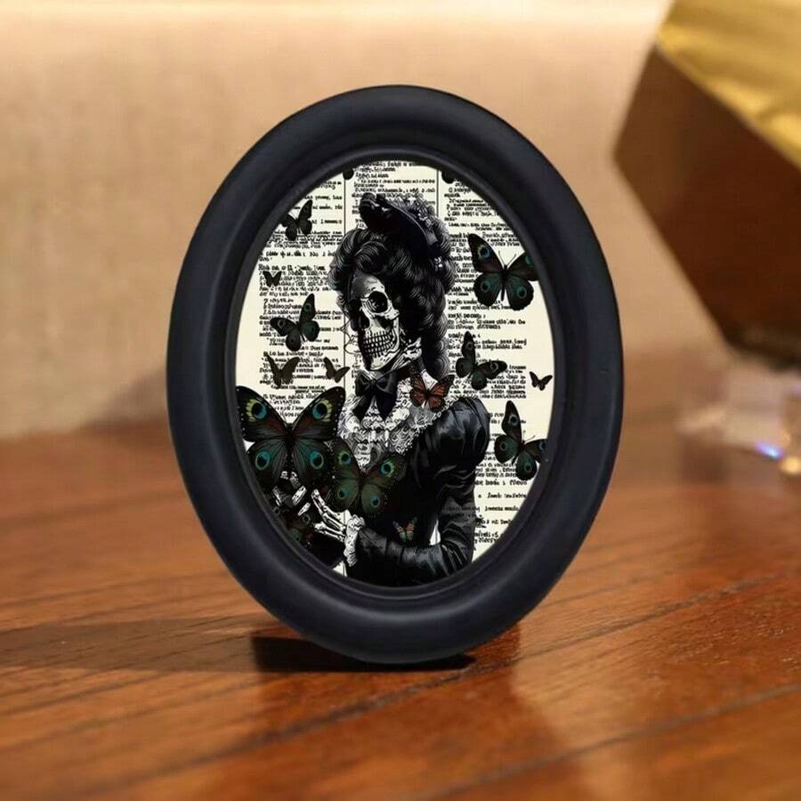 1pc 3D Black No-Drill Photo Frame, Gothic Oval Photo Frame, Suitable For Home Decor, Office Decor, Holiday Decor