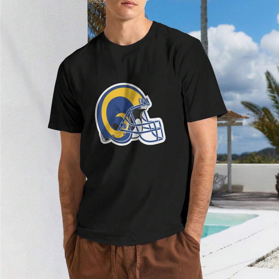 Los-Ange-les-Ra-ms Camiseta Hombre Algodón Suave y Elástica Cuello Redondo, Corte Ajustado Cómodo, Transpirable y Resistente Básica para Diario, Oficina o Salidas Casuales - Negro - Ver 1
