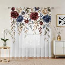 NOSBEI 1pc Watercolor Burgundy Red And Blue Rose Print Curtain, Semi-Sheer Light Filtering Curtain, Vintage Floral Pattern, Country Luxury Home Decor Curtain - Red - View 13