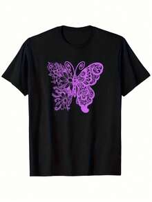 Vibrant Monarch Butterfly Print, Lightweight And Breathable, Short Sleeve, Round Neck, Casual T-Shirt For Everyday Wear, Outdoor Sports, Spring/Summer/Autumn, Sizes XL - 5XL - 黑色 12 - 查看 1