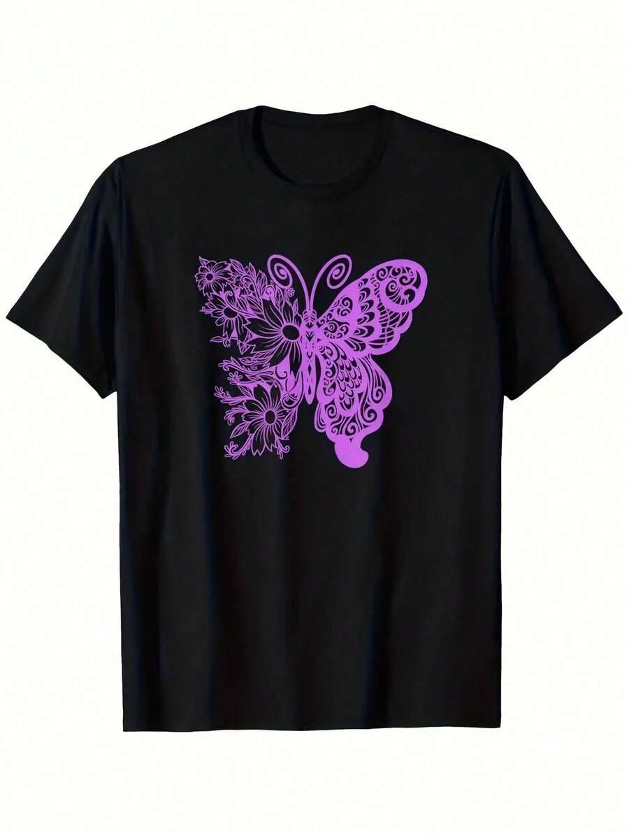 Vibrant Monarch Butterfly Print, Lightweight And Breathable, Short Sleeve, Round Neck, Casual T-Shirt For Everyday Wear, Outdoor Sports, Spring/Summer/Autumn, Sizes XL - 5XL - 黑色 12 - 查看 1