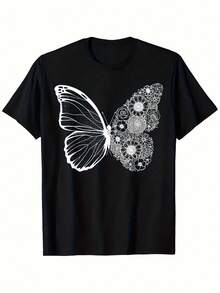 Vibrant Monarch Butterfly Print, Lightweight And Breathable, Short Sleeve, Round Neck, Casual T-Shirt For Everyday Wear, Outdoor Sports, Spring/Summer/Autumn, Sizes XL - 5XL - 黑色 13 - 查看 1