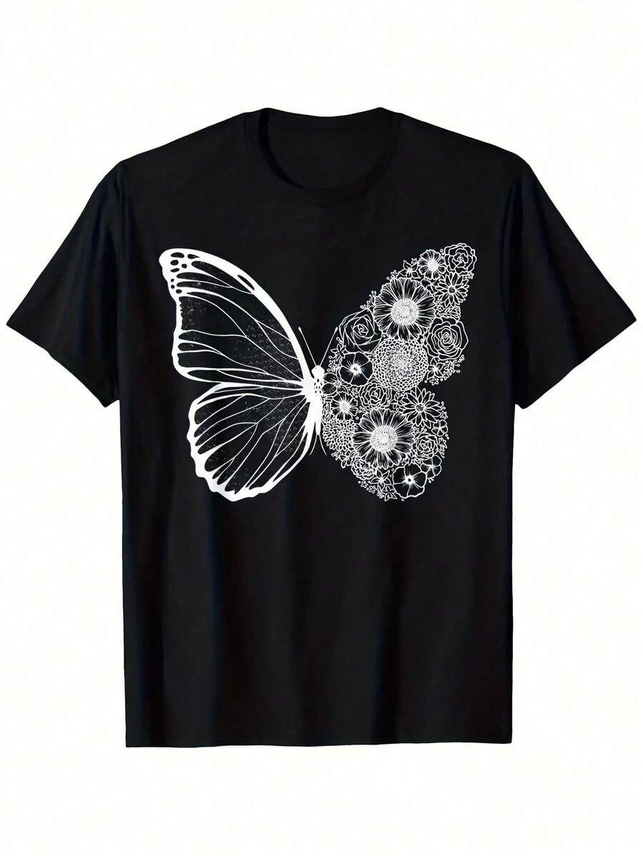 Vibrant Monarch Butterfly Print, Lightweight And Breathable, Short Sleeve, Round Neck, Casual T-Shirt For Everyday Wear, Outdoor Sports, Spring/Summer/Autumn, Sizes XL - 5XL - 黑色 13 - 查看 1