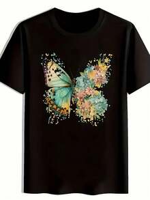 Vibrant Monarch Butterfly Print, Lightweight And Breathable, Short Sleeve, Round Neck, Casual T-Shirt For Everyday Wear, Outdoor Sports, Spring/Summer/Autumn, Sizes XL - 5XL - 黑色 25 - 查看 1
