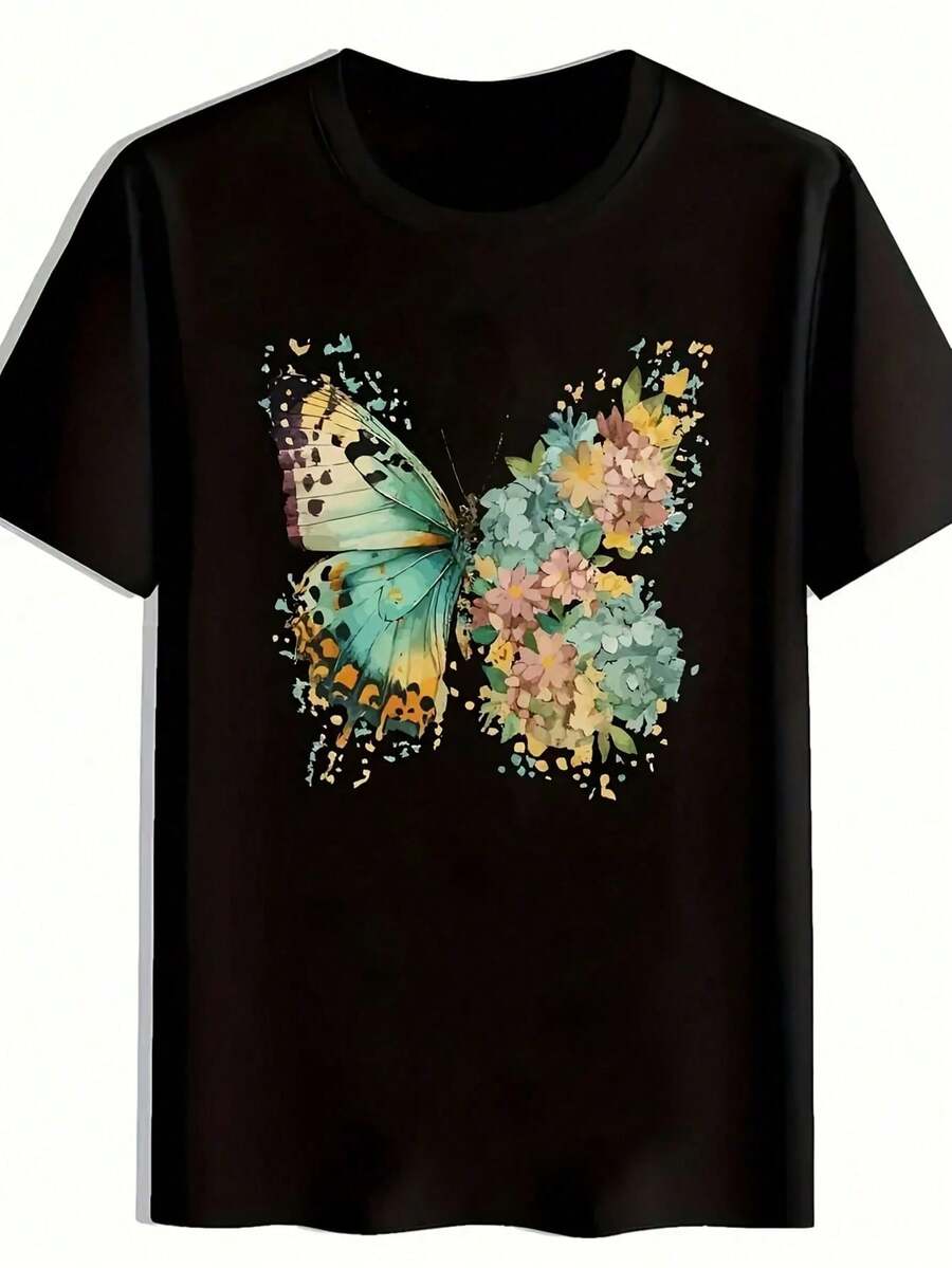 Vibrant Monarch Butterfly Print, Lightweight And Breathable, Short Sleeve, Round Neck, Casual T-Shirt For Everyday Wear, Outdoor Sports, Spring/Summer/Autumn, Sizes XL - 5XL - 黑色 25 - 查看 1