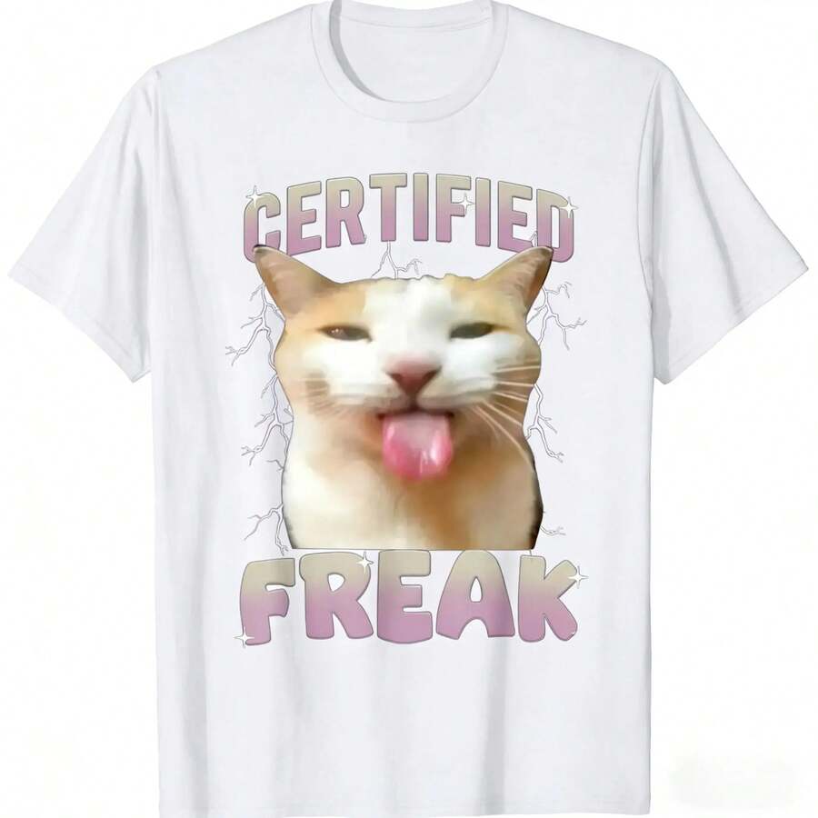 "At Cement" Cursed Cats Humor T-Shirt, 100% Cotton, Unisex, Urban Casual Style, Viral Meme Top, Summer Outfit, Original Gift For Cat Lovers, Short Sleeve - 白色 - 查看 1