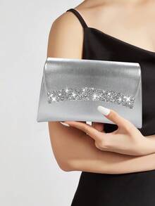 REMANLAND Sac de soirée de luxe pour femme avec rabat et lacets en strass, sac enveloppe charmant et à la mode, sac de bal, sac à bandoulière et sac croisé avec chaîne métallique, assortiment parfait pour robe de bal à paillettes, robe de mariée, meilleur cadeau pour les êtres chers. - Argent - Voir 3