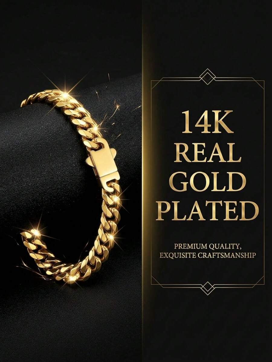 Men's Chain Bracelet, 1pc Men's Stainless Steel Clasp Bracelet - Gold - View 1