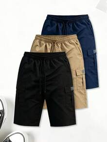 Drawstring Elastic Waist Big Pocket Mid-Length Cargo Shorts, Suitable For Daily Wear And Sports, Black - Black - View 3