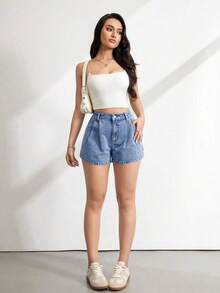 Tall Pantalones cortos de mezclilla con cintura alta y pliegues, conjuntos casuales de verano de línea A para mujer, pantalones cortos de mezcl - Azul lavado medio - Ver 7