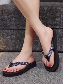 女款 2.5CM 厚底坡跟夾腳拖鞋，印花夾腳帶休閒日常戶外穿搭，時尚百搭度假沙灘涼鞋，舒適厚底 - 藏蓝色 - 查看 5