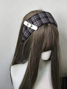 1 pieza Diadema de estilo Academia dulce y cool, tela a cuadros rojo y marrón con hebilla de estrella negra, diadema de vibración retro Y2K, estilo Academia, diadema de estilo dulce y cool, diseño ancho, adecuada para ir al trabajo, citas, convenciones de anime y talla grande. - Multicolor - Ver 5