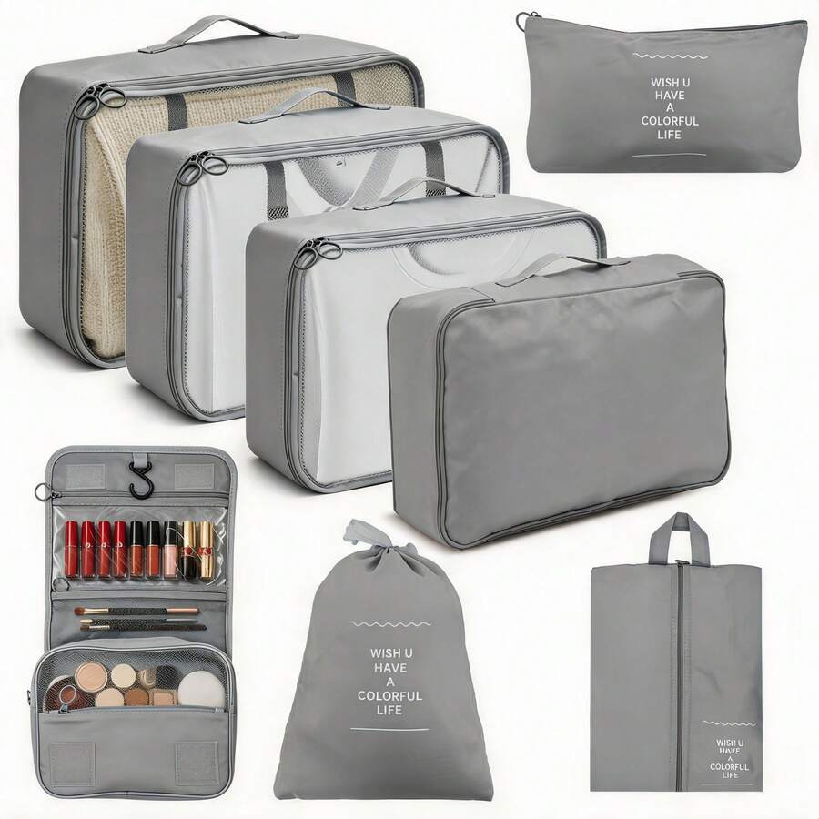 8pcs Packing Cubes Travel Set, Luggage Organizer Mesh Breathable Travel Containers, Plane Travel Essentials Dorm Room Essentials College Cruise Essentials, Travel Essentials Travel Necessities For Clothes Shoes Cosmetics Suitcase Organizer - 灰色 - 查看 1