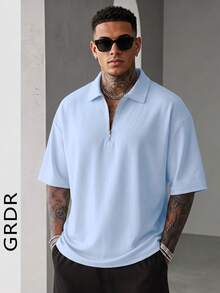 GRDR 男士夏季半拉鍊 Polo 領短袖 T 恤，純色經典款，適合戶外休閒穿著 - 淺藍色 - 查看 5