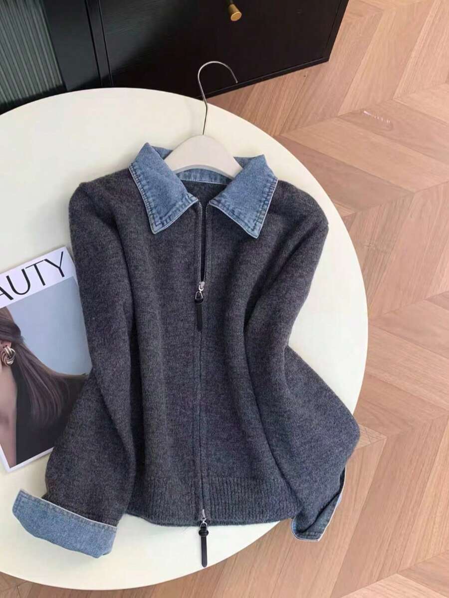 Women's Autumn/Winter Denim Collar Patchwork Lapel Long Sleeve Double Zipper Slouchy Versatile 2 In 1 Knit Cardigan Sweater - Grey - View 1