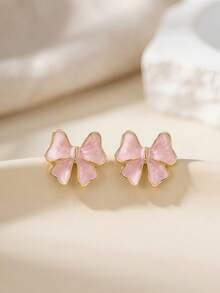 1 Pair Gold Elegant Enamel Bow Stud Earrings For Women, Minimalist Sweet Design, Suitable For Daily Commute And Party Wear - bow earrings - View 5