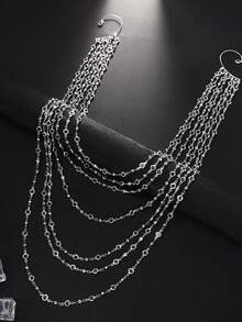 1 pieza Gancho de oreja de moda exagerado largo multicapa con borla de strass personalizado, creativo y versátil - Plateado - Ver 5