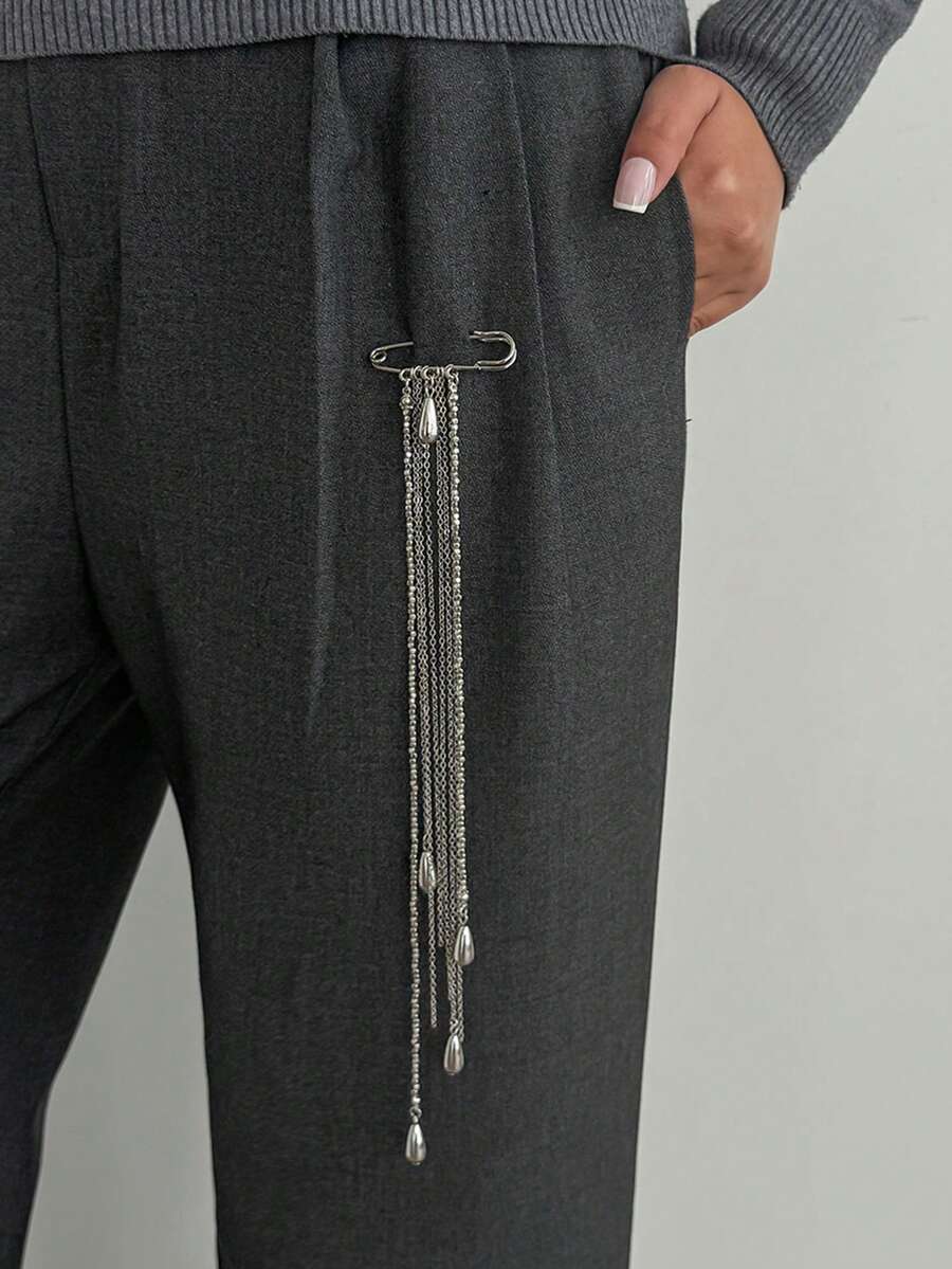 1pc Elegant Geometric CCB Beaded Pendant Tear Drop Tassel Brooch, Suitable For Wedding Party, Vacation, Perfect Gift For Couples, Birthday Surprise - Silver - View 1