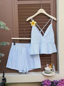 Women's Casual Blue Knitted Camisole And Shorts Set, Brand - 淺藍色 - 查看 1