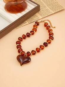 1 pieza Collar de cuentas de resina bohemio vintage exagerado, collar de colgante de corazón de resina de lujo de moda colorido, adecuado para el uso diario de las mujeres y las vacaciones de verano, joyería de moda - Marrón - Ver 3