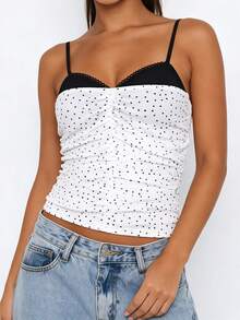 Womens Summer Camisoles Spaghetti Strap Ruched Front Dot Print Contrast Trim Backless Stylish Slim Fit Tank Tops - White - View 5