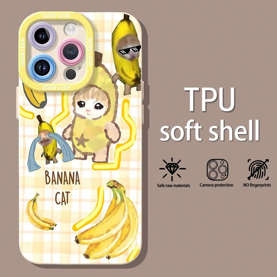 Funda para teléfono con diseño de gato y plátano, compatible con Samsung, Apple, VIVO, OPPO, , Transsion, , y Honor. Fabricada en TPU, ofrece protección contra golpes y caídas. Un regalo ideal para familiares y amigos. - Blanco - Ver 1