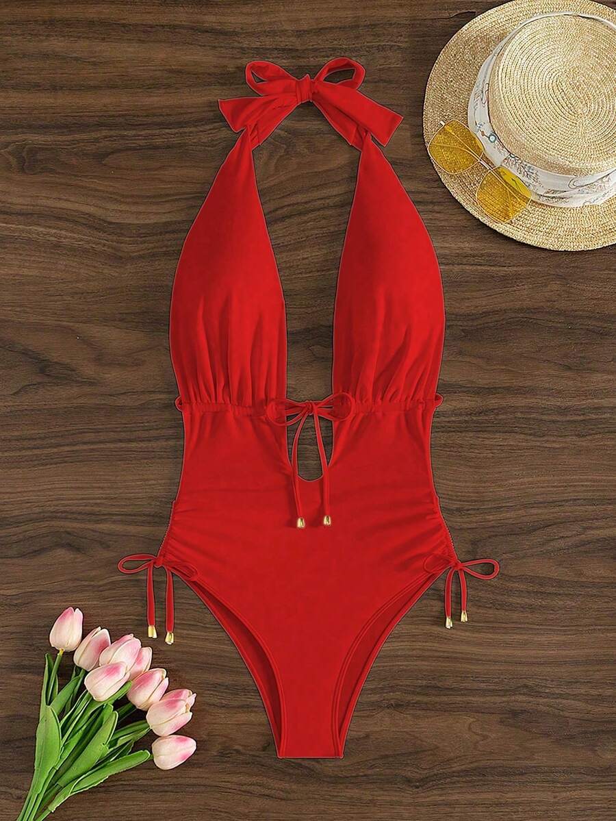1 Piece Women's Summer Beach Set Bodysuit Style Red - Red - View 1