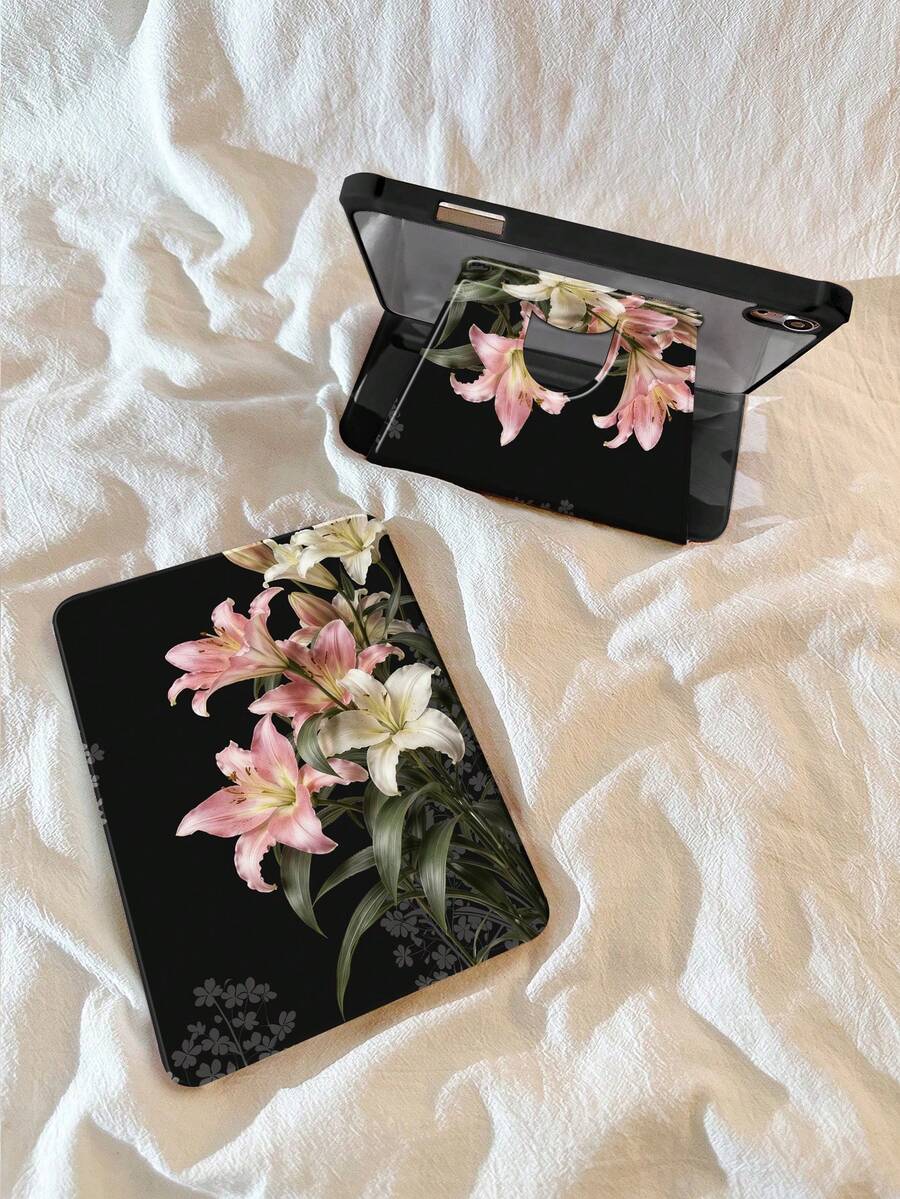 1件美白百合&粉百合雙面彩繪圖案 720°旋轉壓克力透明水晶背板 防震平板保護殼 附筆槽,支持睡眠/喚醒,兼容iPad - 彩色 - 查看 1