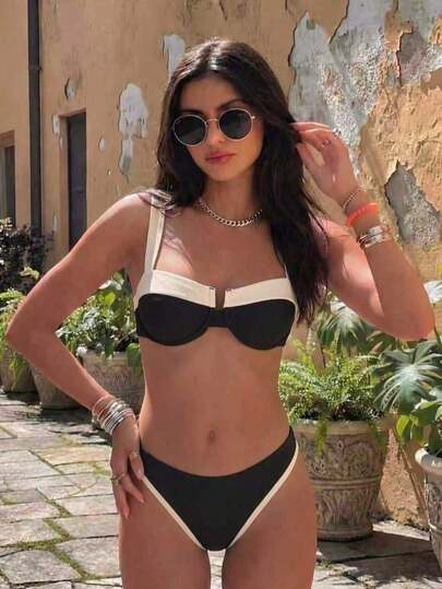 Polovedo Official, 2026 Summer New Arrival, Black And White Colorblock Bikini, Elegant And Sexy Swimsuit Suitable For Beach Vacation, Party And Date