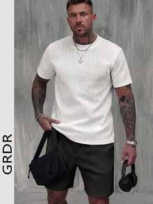 2pcs Men's Diamond Texture T-Shirt And Shorts Set, Casual Commuter Comfortable Minimalist - White - View 2