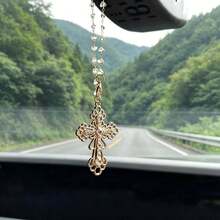 Rhinestone Hollow Cross Car Hanging Ornament Clear Crystal Bead Chain Rearview Mirror Pendant Golden Religious Cross Suncatcher Auto Interior Decor Gift - Carved Cross Car Pendant - View 5