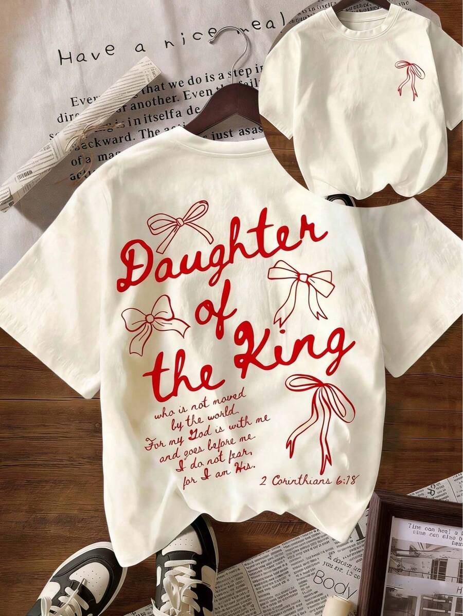 'The King's Daughter' Graphic T-Shirt, Women's Faith Clothing With Biblical Aesthetic, With Text Printed On The Back, Double-Sided 'Daughter Of The King' T-Shirt - 杏子 3 - 查看 1
