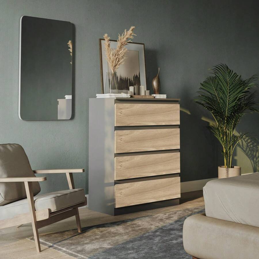 4/5 Drawer Wooden Chest, Handle-Free Storage Cabinet For Bedroom - Grey Carcass + Oak Drawers - View 1
