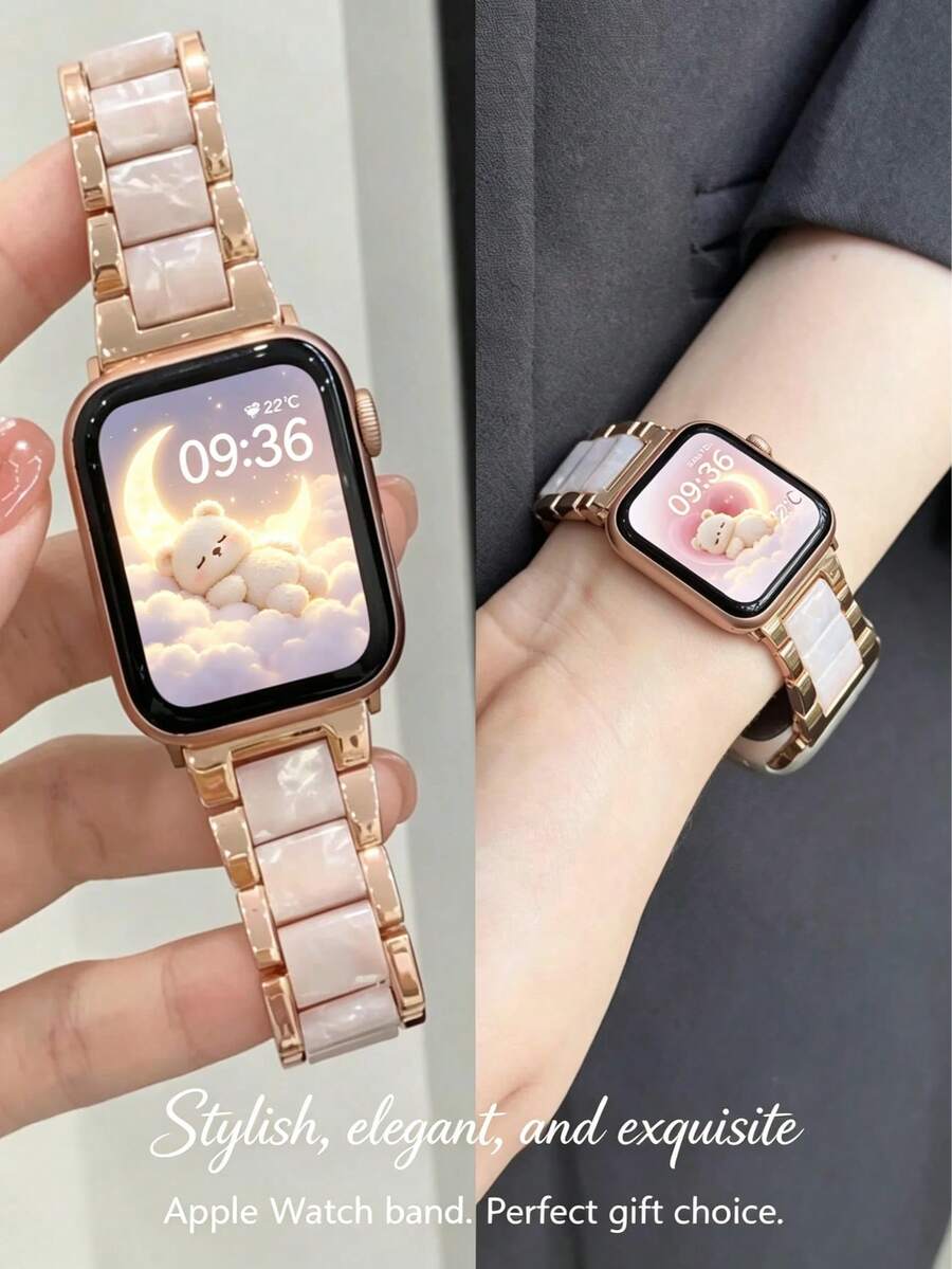Compatible With Apple Watch Band 38/40/41/42/44/45/46/49mm Fashion Wristbands Women, Stainless Steel + Resin Metal Replacement For I Watch
